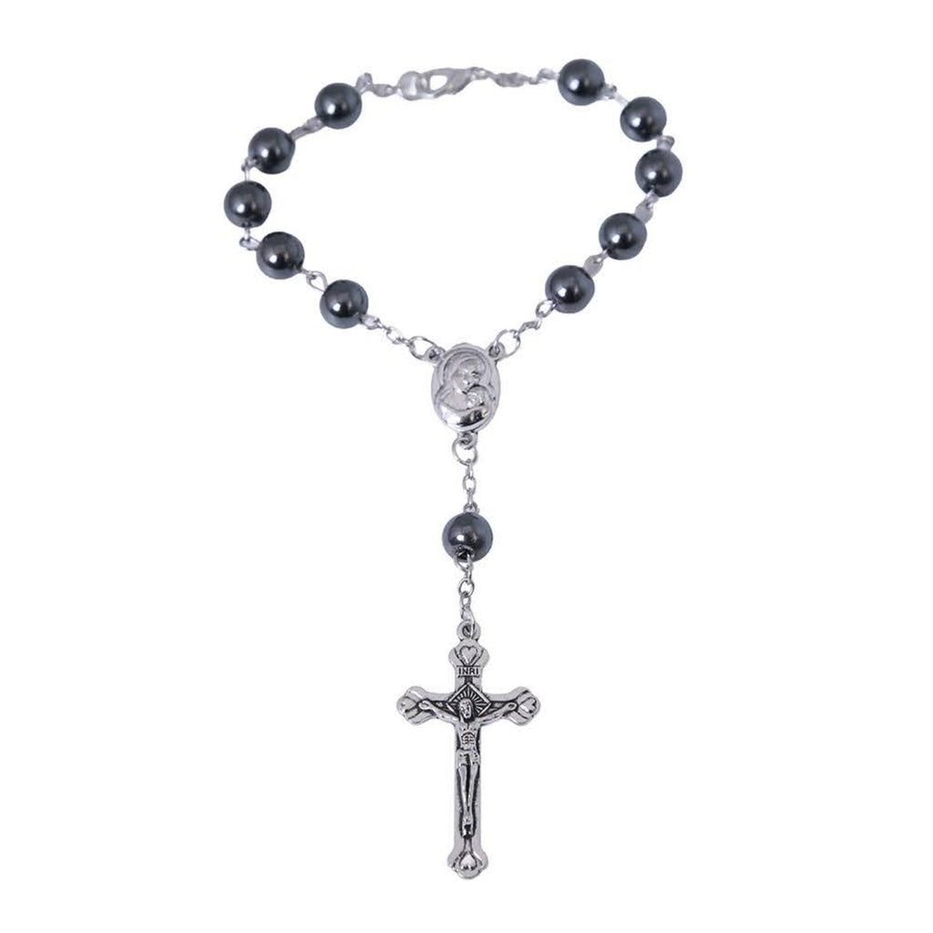 Hematite bead car rosary with Virgin Mary and Child center and crucifix