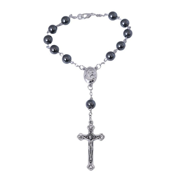 Hematite bead car rosary with Virgin Mary and Child center and crucifix