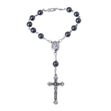Hematite bead car rosary with Virgin Mary and Child center and crucifix
