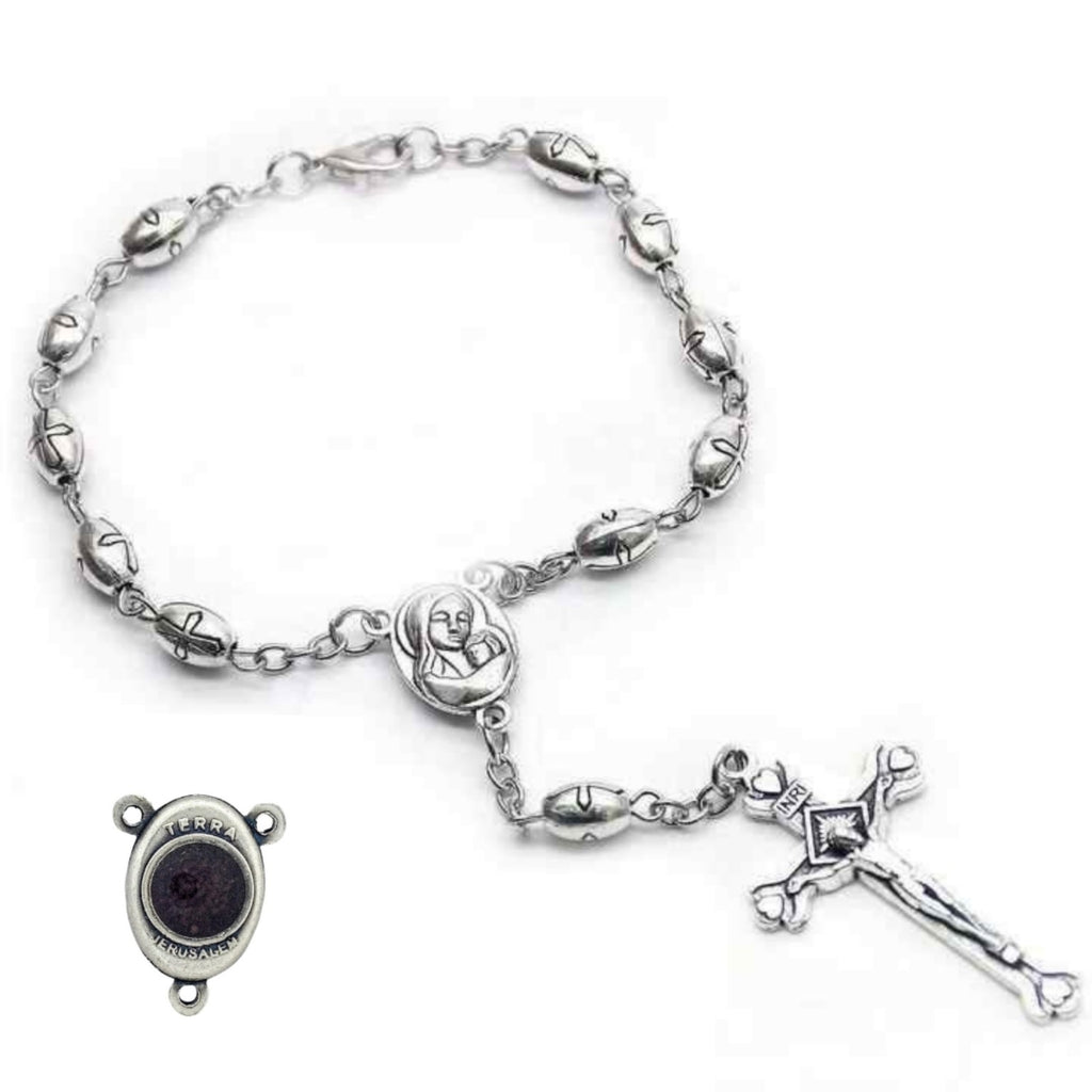 Virgin Mary and Child car rosary with Jerusalem soil medal reverse