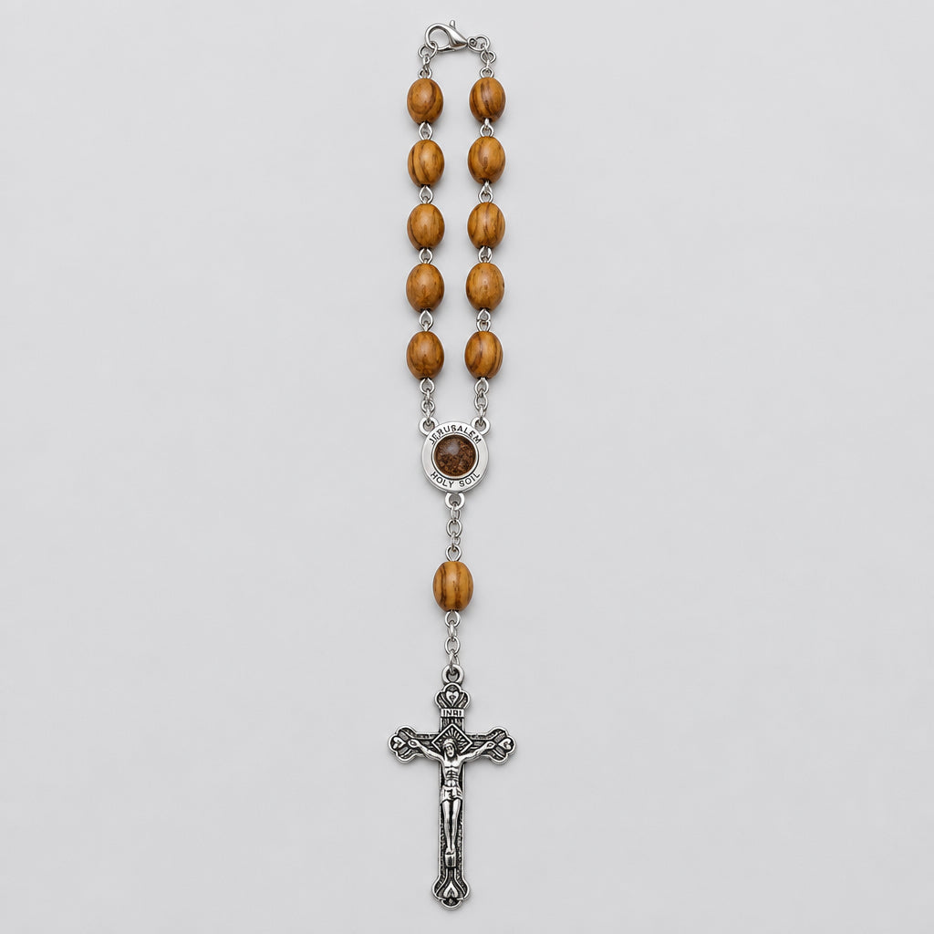 Olive wood oval bead Holy Land soil auto rosary with crucifix