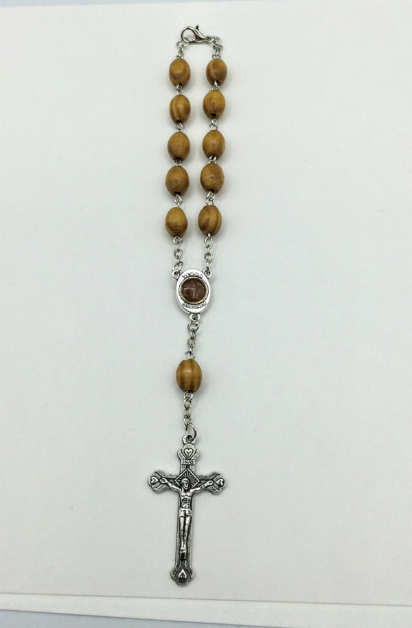 Olive wood oval bead Holy Land soil auto rosary with crucifix