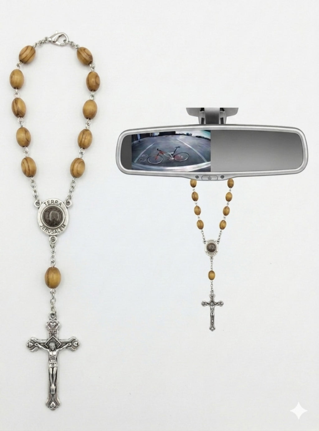 Jerusalem soil medal olive wood oval bead car rosary on rearview mirror