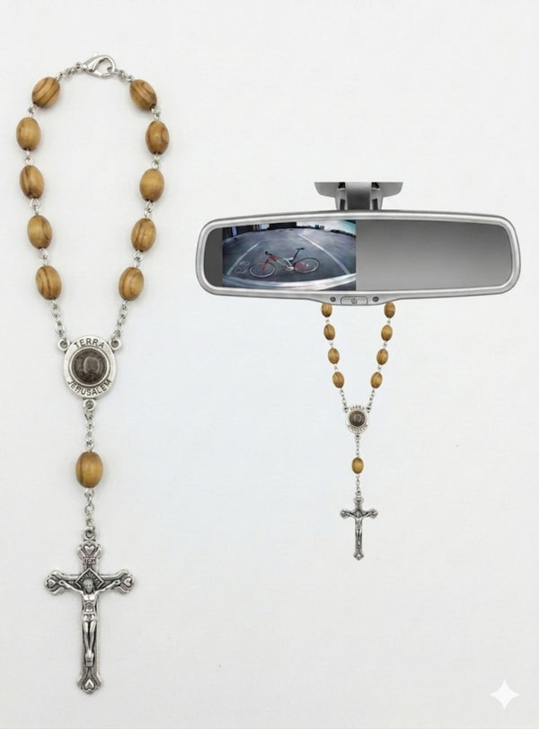 Jerusalem soil medal olive wood oval bead car rosary on rearview mirror