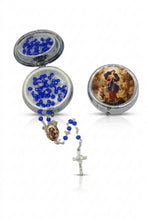 Mary Undoer of Knots blue crystal rosary with Saint Benedict crucifix and matching silver-tone keepsake box