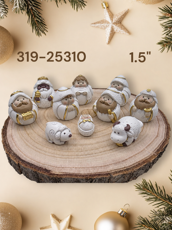 White and gold miniature polyresin Nativity set