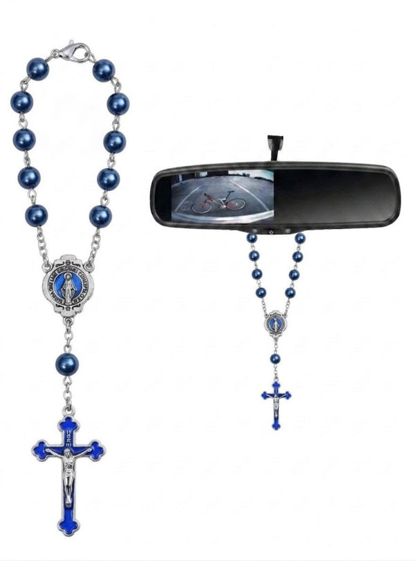 Miraculous Medal blue faux pearl car rosary for rearview mirror