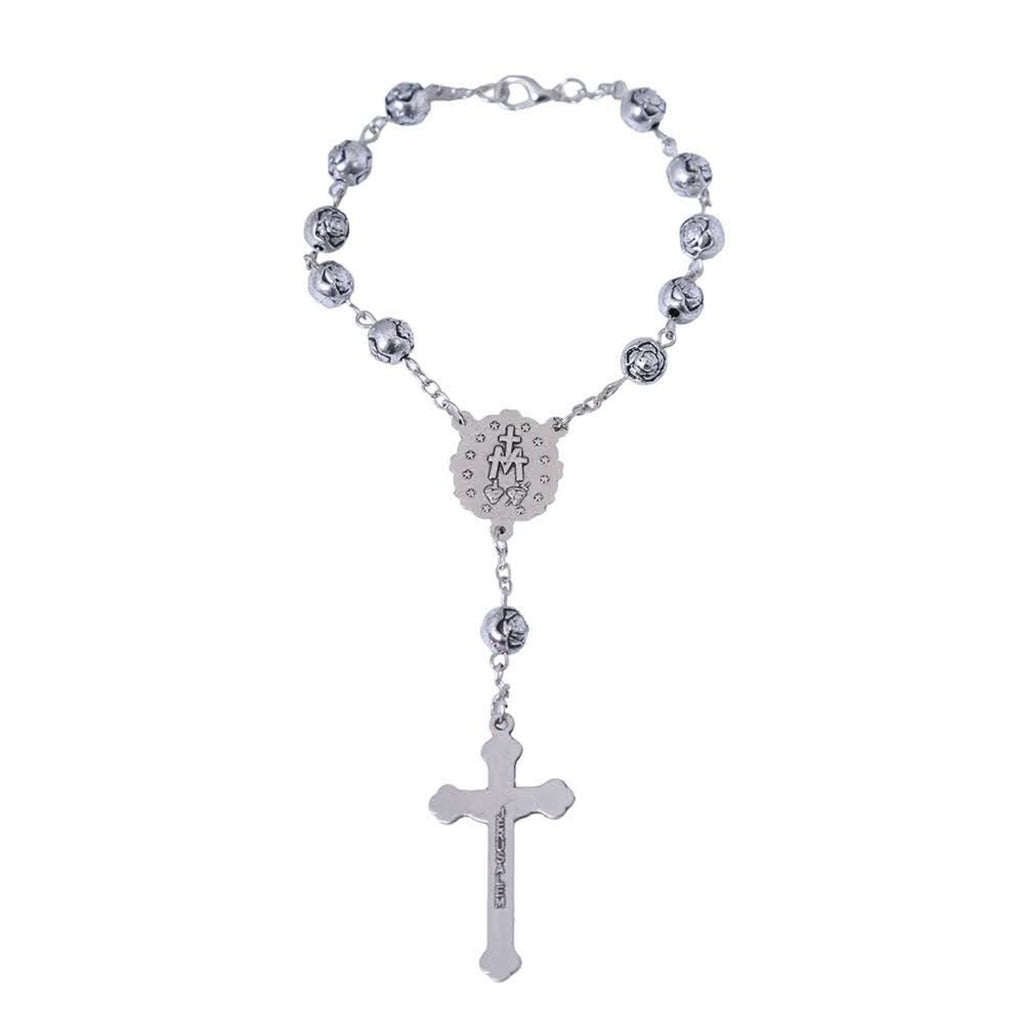 Back of silver rosebud Miraculous Medal car rosary