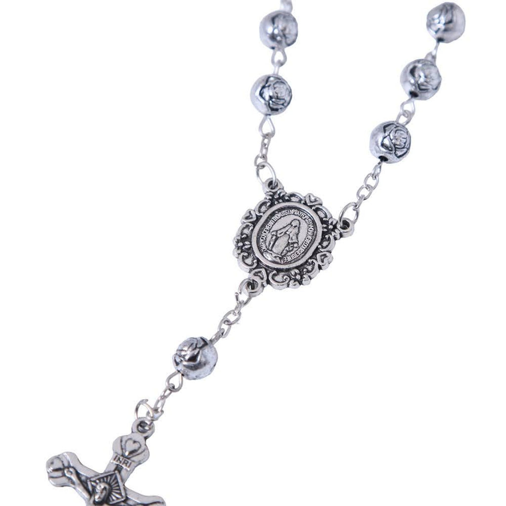 Miraculous Medal center with silver rosebud beads