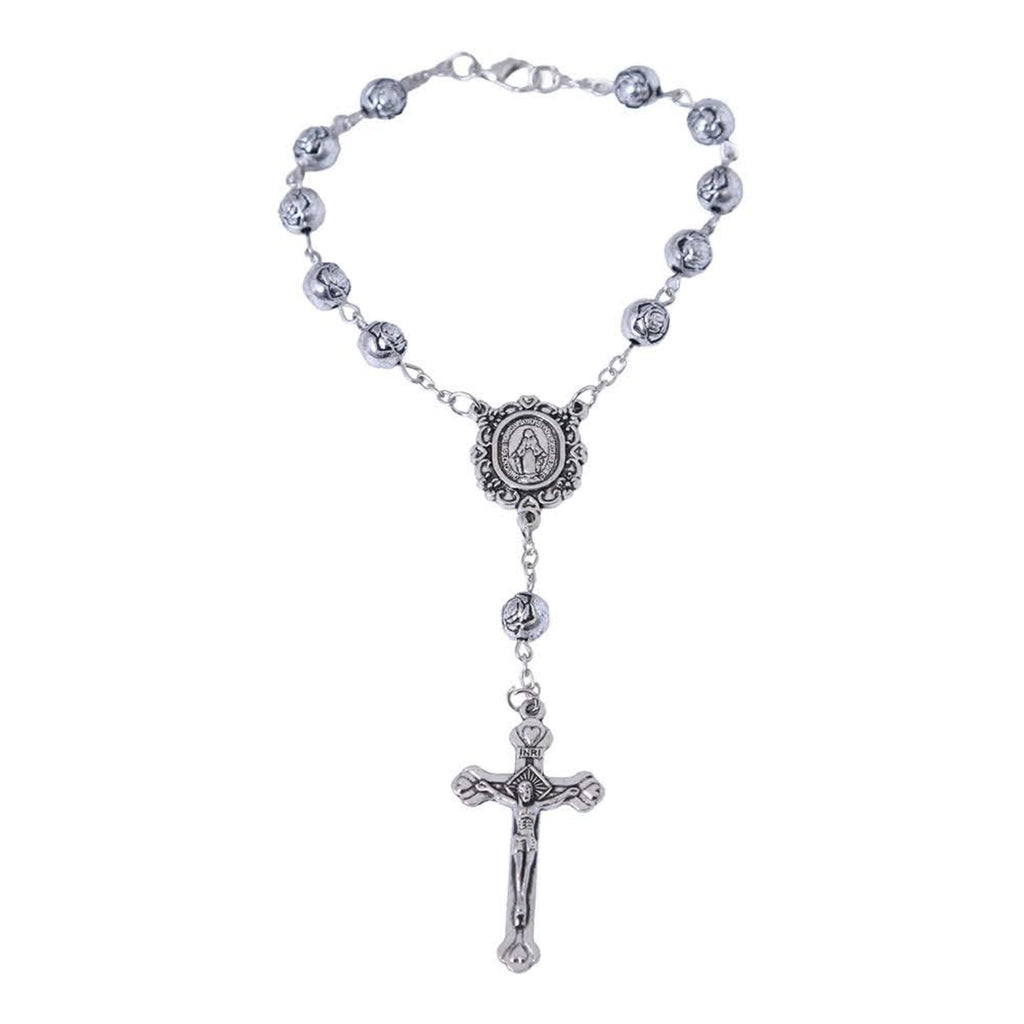 Silver rosebud Miraculous Medal car rosary
