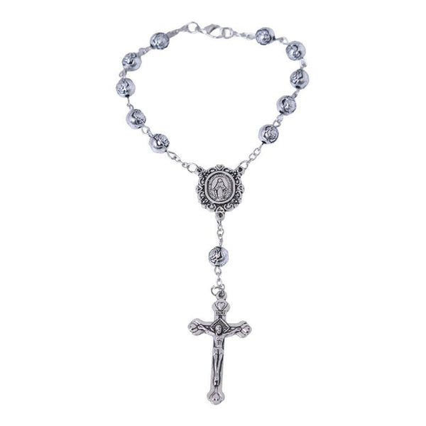 Silver rosebud Miraculous Medal car rosary