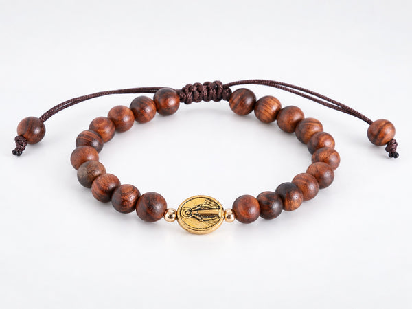 Our Lady of the Miraculous Medal adjustable brown cord bracelet with 6 mm wooden beads