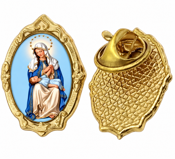 Gold-tone Our Lady of Divine Providence / N.S. La Divina Providencia lapel pin, front and back on white background