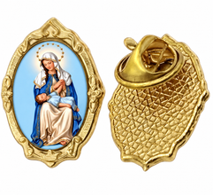 Gold-tone Our Lady of Divine Providence / N.S. La Divina Providencia lapel pin, front and back on white background