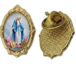 Gold-tone Our Lady of Grace / Virgen Milagrosa pin, front and back on white background