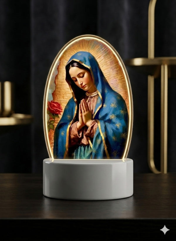 Our Lady of Guadalupe 3D LED night light illuminated in a modern room