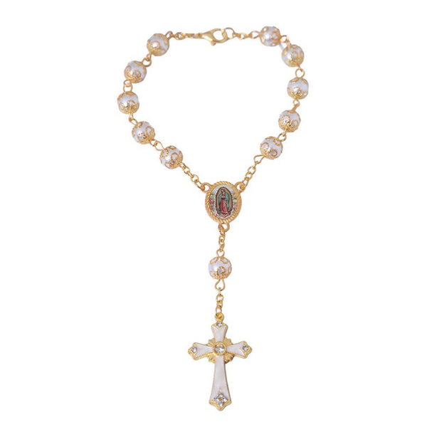 Our Lady of Guadalupe car rosary with pearl-look beads and cross