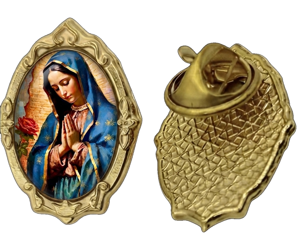 Gold-tone Our Lady of Guadalupe / Virgen de Guadalupe pin, front and back on white background
