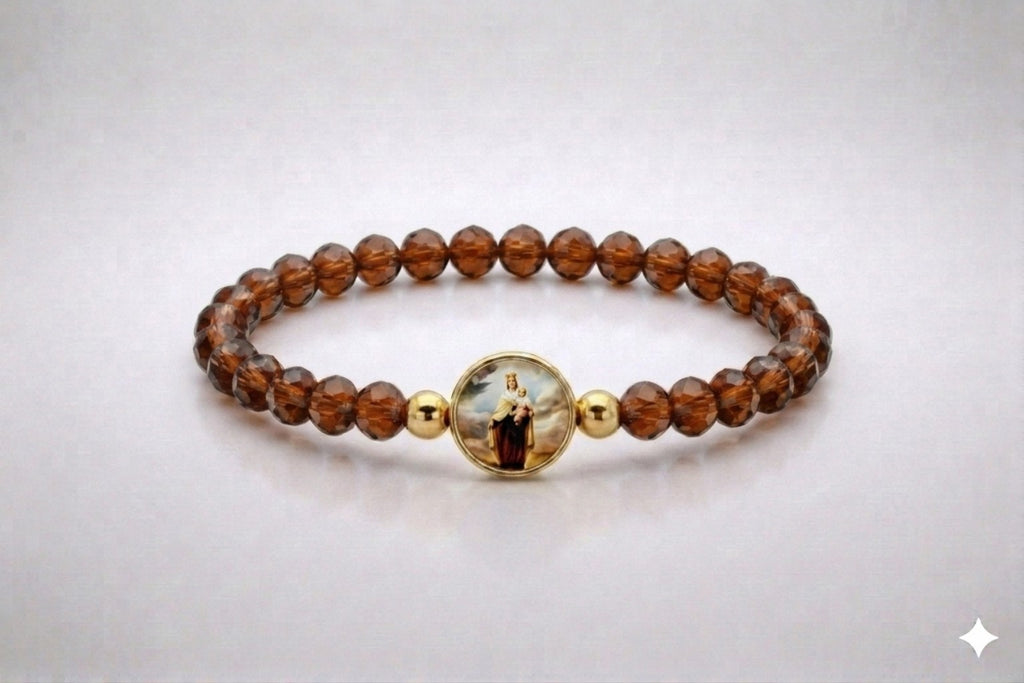 Our Lady of Mount Carmel brown crystal elastic bracelet with gold-tone centerpiece, front view