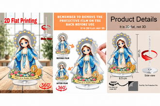Our Lady of Grace acrylic standee three-panel collage with product views, protective film instructions and 12 × 6.5 cm measurements