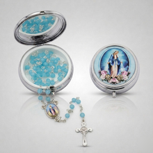 Our Lady of Grace light-blue crystal rosary with Saint Benedict crucifix and matching silver-tone keepsake box