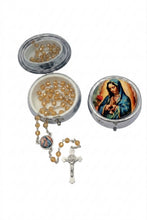 Our Lady of Guadalupe amber crystal rosary with Saint Benedict crucifix and matching silver-tone keepsake box