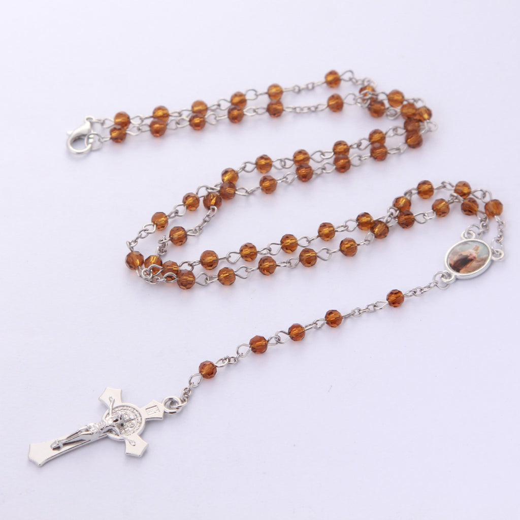 Our Lady of Mount Carmel amber crystal rosary full view