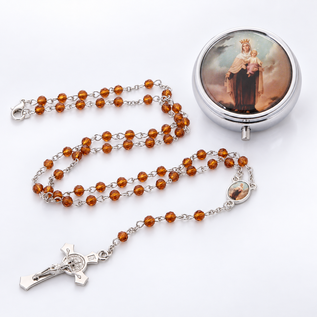 Our Lady of Mount Carmel amber crystal rosary with keepsake box