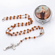 Our Lady of Mount Carmel amber crystal rosary with Saint Benedict crucifix and matching silver-tone keepsake box