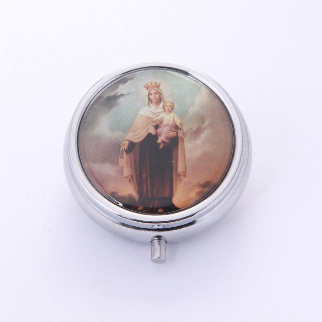 Our Lady of Mount Carmel image on round silver-tone metal keepsake box