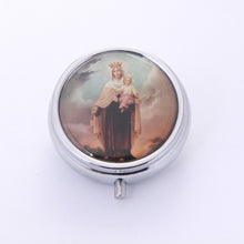 Our Lady of Mount Carmel image on round silver-tone metal keepsake box