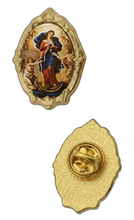 Gold-tone Our Lady Undoer of Knots / Virgen Desatanudos pin, front and back on white background