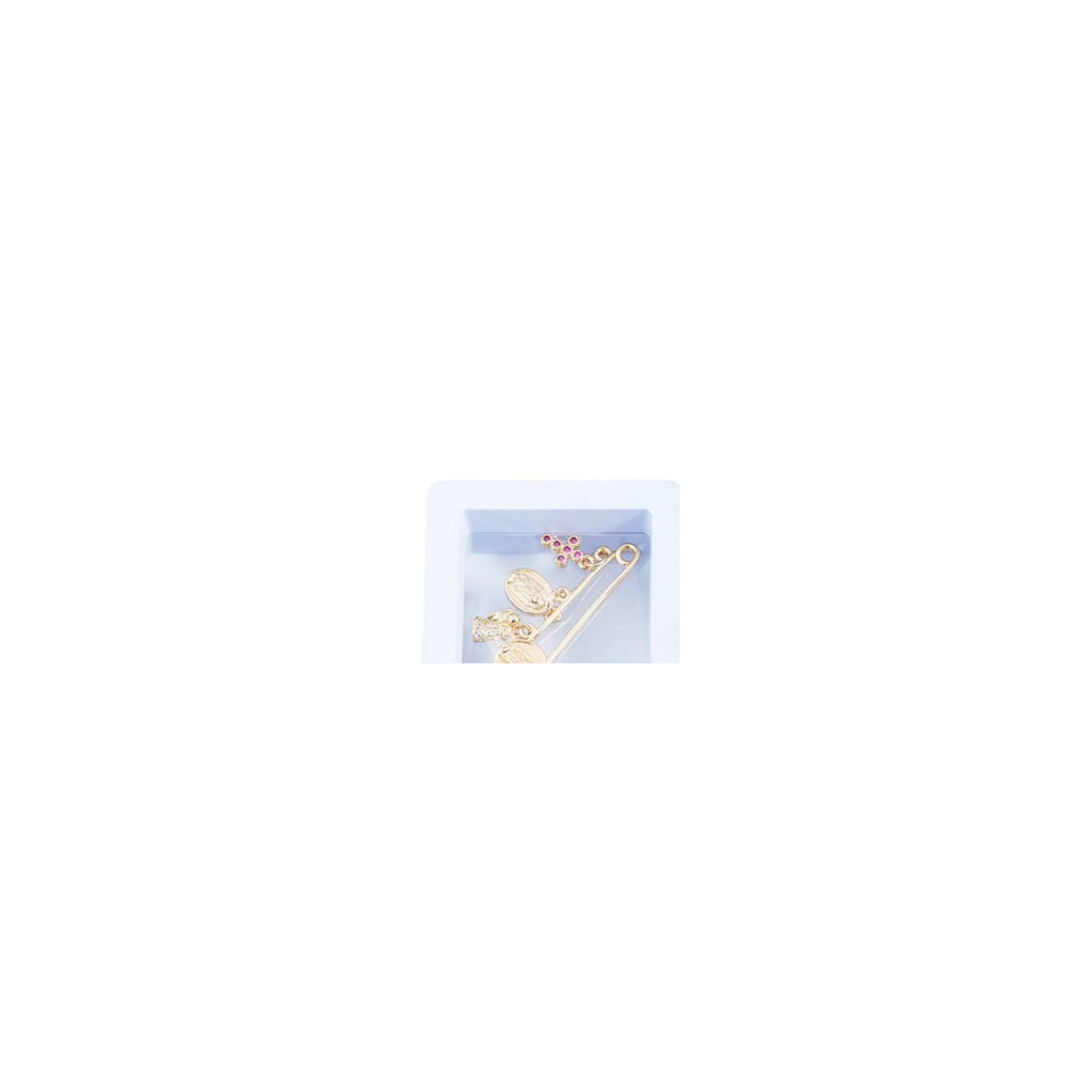 Pink cross Virgin Mary baby blessing pin in gift box
