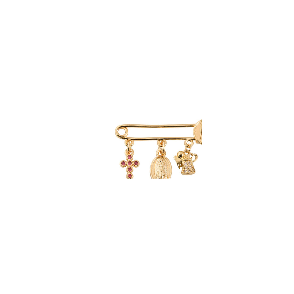Gold-plated baby blessing pin with pink cross, Virgin Mary medals and angel charm