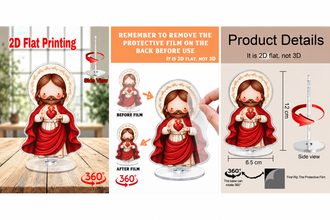 Sacred Heart acrylic standee product details, protective film instructions and 12 × 6.5 cm measurements