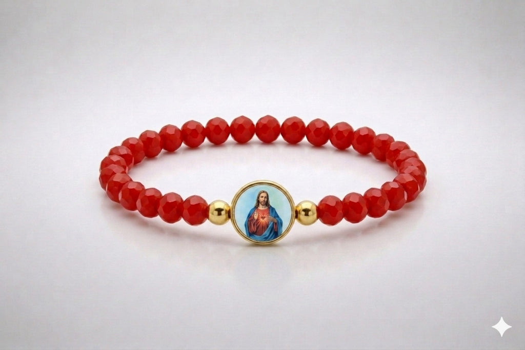 Sacred Heart of Jesus red crystal elastic bracelet with gold-tone centerpiece, front view