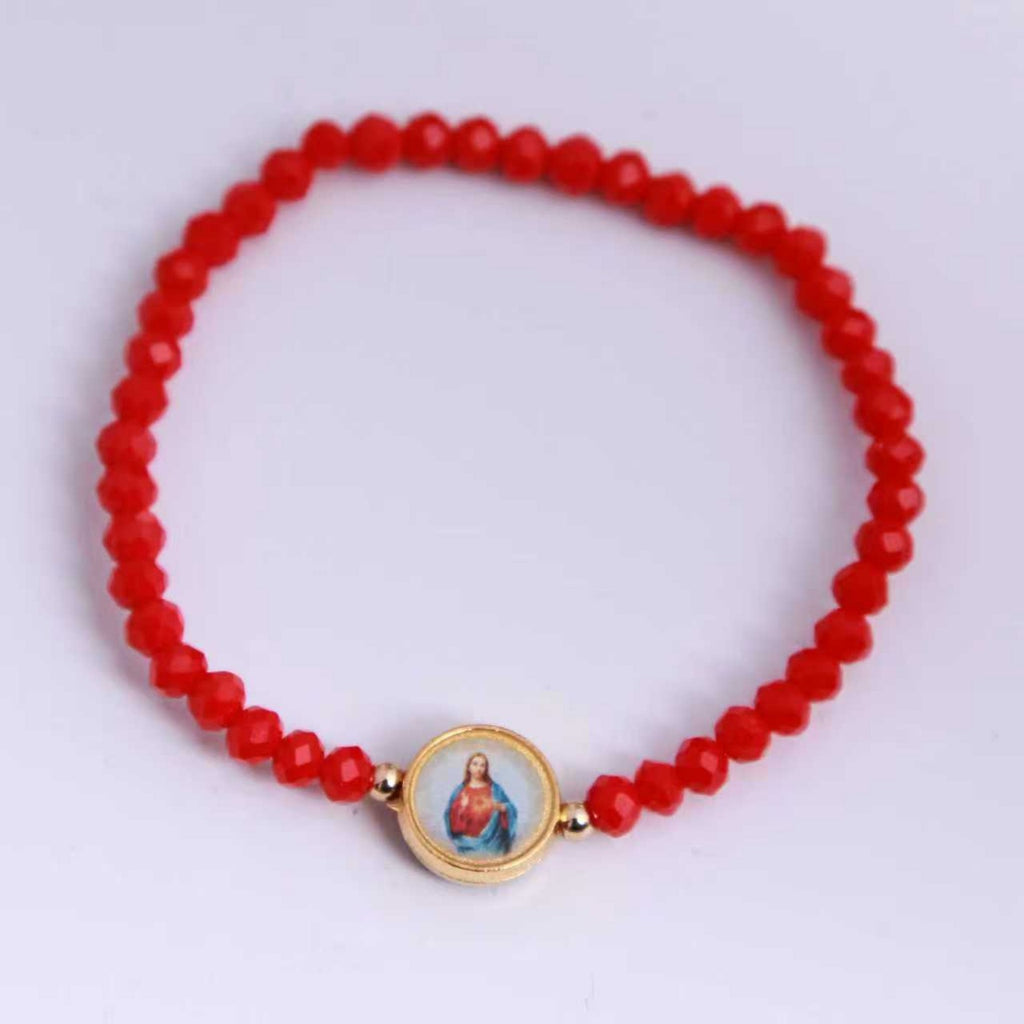 Pulsera de Sagrado Corazón de Jesús de cristal rojo, vista superior