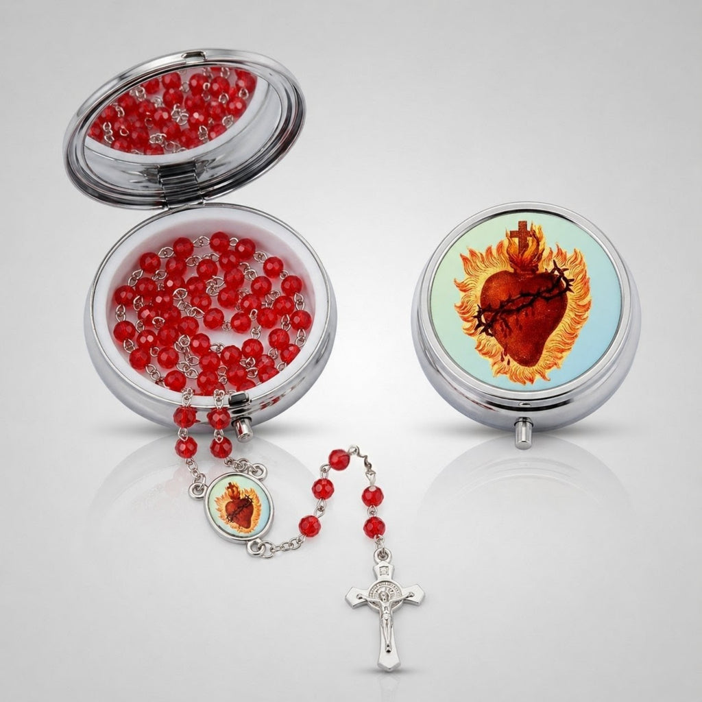 Sacred Heart of Jesus red crystal rosary with keepsake box