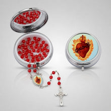 Sacred Heart of Jesus red crystal rosary with Saint Benedict crucifix and matching silver-tone keepsake box