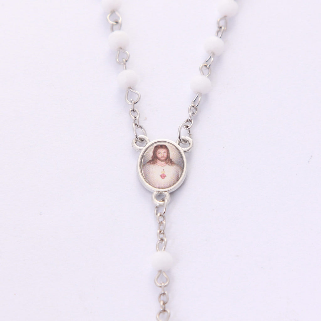 Sacred Heart of Jesus white crystal rosary centerpiece