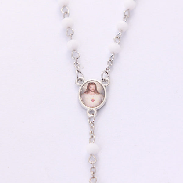 Sacred Heart of Jesus white crystal rosary centerpiece