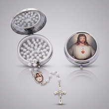 Sacred Heart of Jesus white crystal rosary with Saint Benedict crucifix and matching silver-tone metal keepsake box