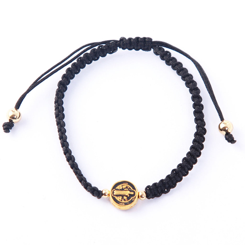 Saint Benedict black woven cord adjustable bracelet reverse side medal