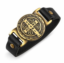 Saint Benedict black leather bracelet with antique bronze-tone medal
