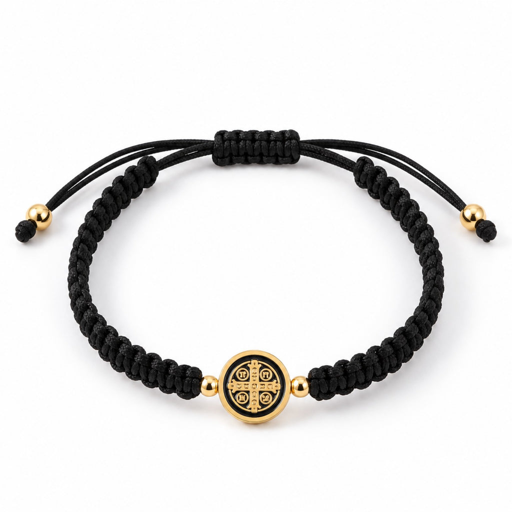 Saint Benedict black woven cord adjustable bracelet with gold-tone medal