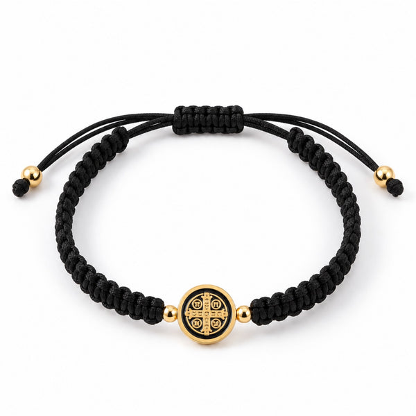 Saint Benedict black woven cord adjustable bracelet with gold-tone medal