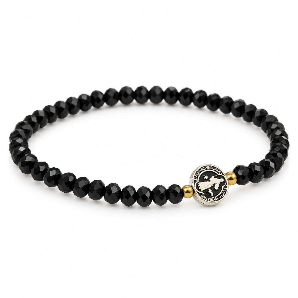 Saint Benedict medal black crystal stretch bracelet