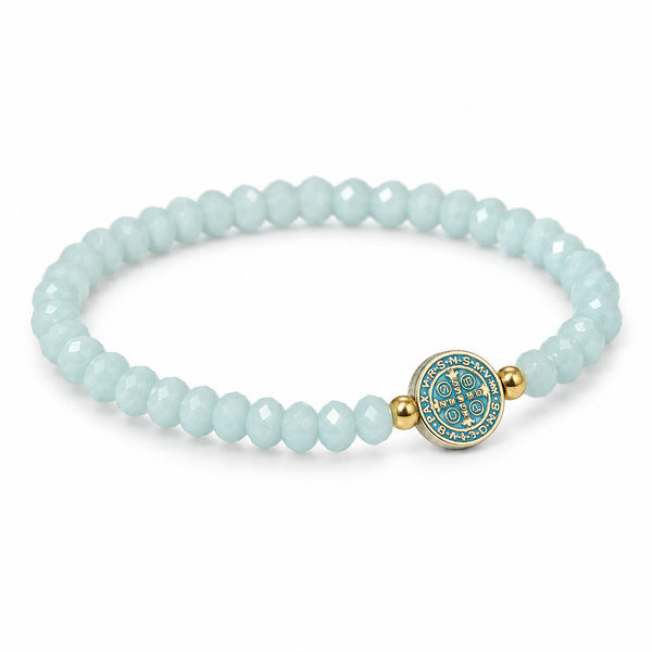 Saint Benedict medal light aqua blue crystal stretch bracelet