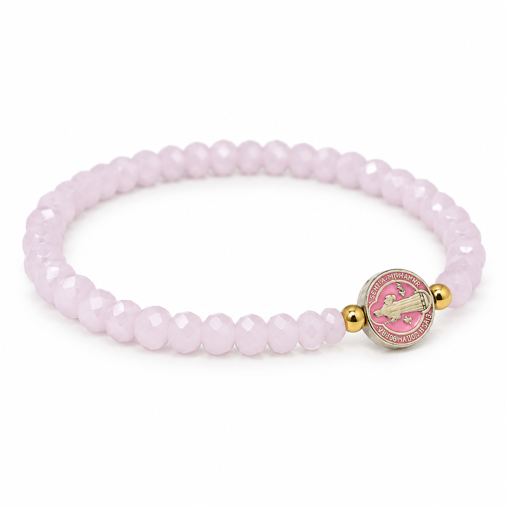 Saint Benedict medal pale pink crystal stretch bracelet