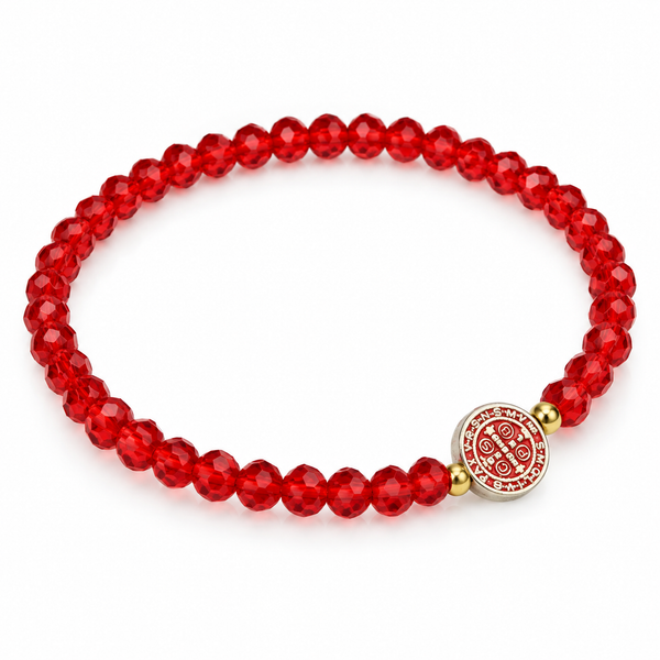 Saint Benedict medal red crystal stretch bracelet